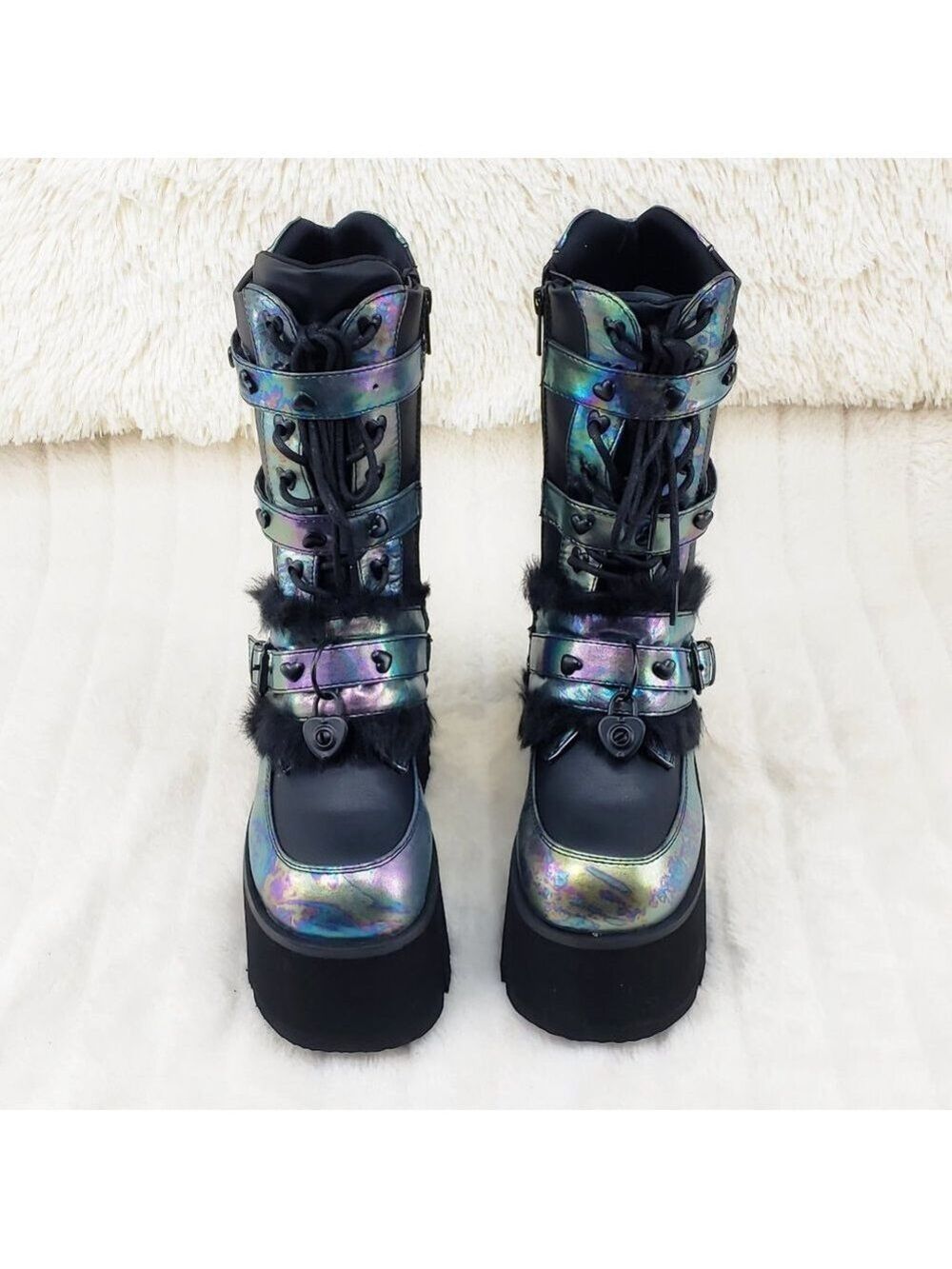 Ash Goth Punk Furry Mid Calf Platform Boots - Picture 10 of 15